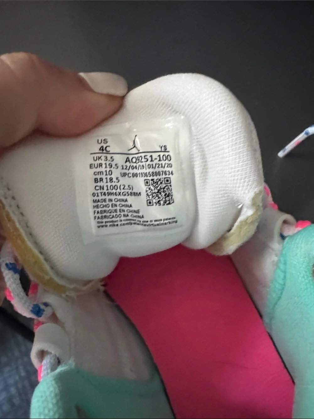 Jordan Toddler White Sneakers with Mint Accents and Pink/Blue Speckled Laces